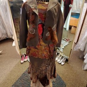 3 piece outfit with Jean skirt and jacket.